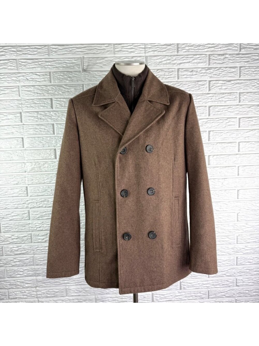 Kenneth Cole Reaction Mens Double Breasted Wool Peacoat Medium Brown Size Medium